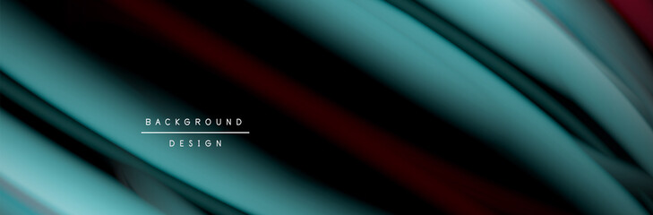 Сolorful flow poster. Wave liquid lines and shapes in black color background. Vector Illustration