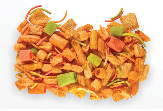 Fried and Spicy mix frymus, cocktail (Khichadi) Colourful, Square, cup, ABCD, pasta, Noodles, triangle, wheel and pipe shape Fryums Papad or fingers is a crunchy Snack Pellets - Image