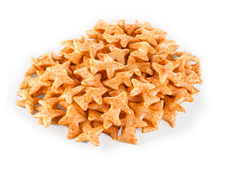Fried and Spicy Aero Plane Snacks or Fryums (Snacks Pellets) served in a bowl or White background. selective focus - Image
