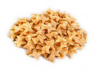 Fried and Spicy Aero Plane Snacks or Fryums (Snacks Pellets) served in a bowl or White background. selective focus - Image