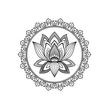 Vector decorative ornament in oriental style with the image of a lotus flower in a circle with a pattern.