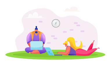 Vector flat woman and man at floor with laptop