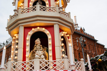 Festive New Year and Christmas illumination of buildings in the center of Moscow.