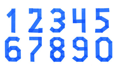 Set of numbers from blue scotch tape isolated on a white background
