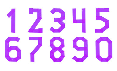 Set of numbers from purple scotch tape isolated on a white background