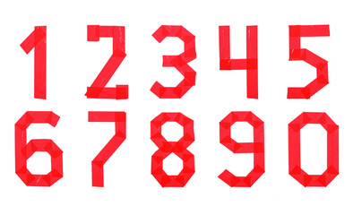 Set of numbers from red scotch tape isolated on a white background