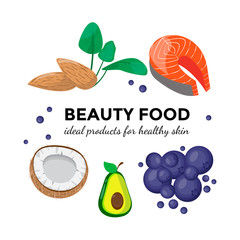 Useful food for healthy beautiful skin. Red fish, salmon, almonds, coconut, blueberries, avocado, spinach on white background. Healthy lifestyle, healthy eating.