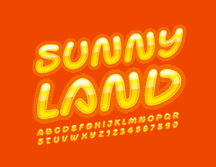 Vector bright sign Sunny Land with creative yellow Font. Shiny Alphabet Letters and Numbers