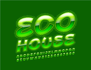 Vector green banner Eco House with creative Alphabet Letters and Numbers. Glossy Handwritten Font