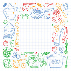 Pattern with gastronomy icons, vector cuisine and fast food cafe bright background for menu, receipts. Colorful, pictures on a sheet of checkered paper on a white background.