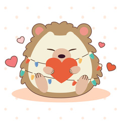 The character of cute hedgehog sitting on the ground and holding a heart. The cute hedgehog with light bulb and heart on the white backgrouns and pink polka dot in flat vector style.