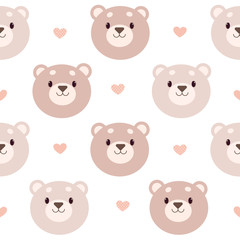 The seamless pattern of bear and heart on the white background. The character of cute bear with heart and polka dot heart. The character of cute bear in flat vector style.