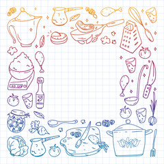 Vector set of cooking, gastronomy, vector cuisine and fast food cafe icons in doodle style. Painted, colorful, gradient, on a sheet of checkered paper on a white background.