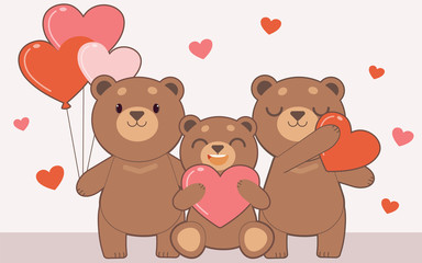 The character of cute bear with heart in valentines day theme. The family of bear holding a heart balloon and heart pillow. The character of cute bear in flat vector style.
