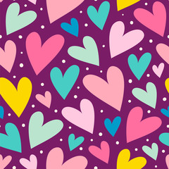 Simple seamless vector pattern with hearts and dots on a dark background. - 317967651