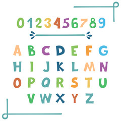 Vector funny comics font. Hand drawn English alphabet with letters and figures. Uppercase colorful cartoon symbols. Kids party assets for menu, invitation or flyer