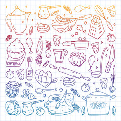 Vector set of cooking, gastronomy, vector cuisine and fast food cafe icons in doodle style. Painted, colorful, gradient, on a sheet of checkered paper on a white background.