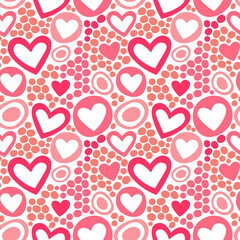Obraz na płótnie Canvas Hearts and dots in coral color. Seamless vector pattern in trendy coral colors.