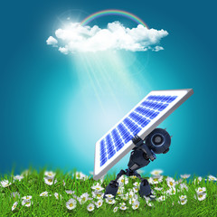 3D robot holding a solar panel on a grassy landscape