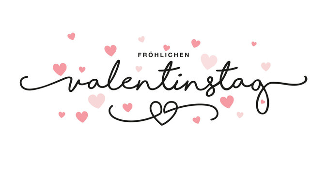 Happy Valentine's Day German language black handwritten typography with pink hearts isolated white background