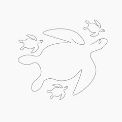 Turtles family swim on sea, animal line drawing vector illustration