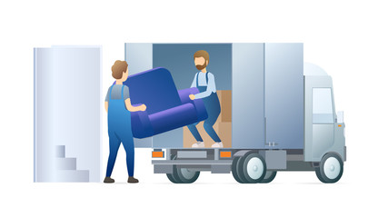 Moving service flat vector illustration. Loaders in overalls, porters loading heavy armchair in van cartoon characters. Transportation business, freight trucking, furniture delivering concept.