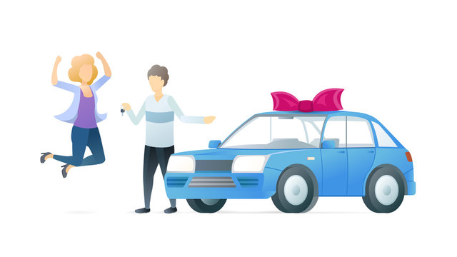 Birthday, anniversary present flat vector illustration. Husband holding keys and excited wife cartoon characters. Couple celebrating new automobile purchase. Expensive surprise gift, personal auto.