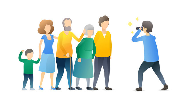 Family posing for group photo flat vector illustration. Little child with parents and grandparents cartoon characters. Relatives standing together, photographer taking picture. Memory, bonding concept