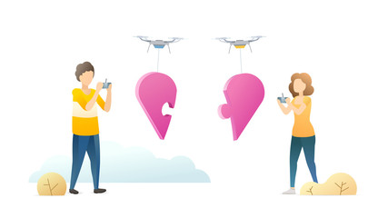 Romantic relationship building flat vector illustration. People control aerial drones with heart halves cartoon characters. Romance, perfect match concept. Boyfriend and girlfriend connecting hearts.