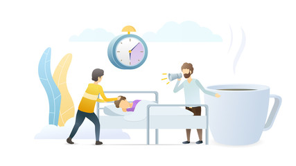 Friends waking up man flat vector illustration. Sleepy guy and people trying to get him up cartoon characters. Morning awakening, deep sleep, exhaustion concept. Sleepiness, somnolence metaphor.