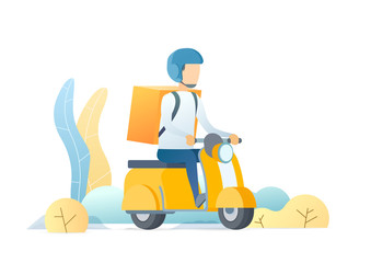 Express food delivery flat vector illustration. Young delivery boy riding scooter cartoon character. Urban courier service, orders transportation business concept. Postman delivering lunch.
