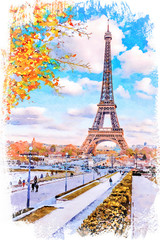 Beautiful Digital Watercolor Painting of the Eiffel Tower in Paris, France.	