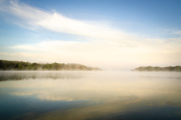 Misty morning on Uby lake, France