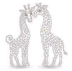 Set of contour illustrations in stained glass style with figures of abstract  giraffes,dark outlines  isolated on a white background