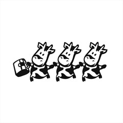 Happy cow. Funny smiling character illustration. Milk symbol set. Cheerful dancing cow with flower