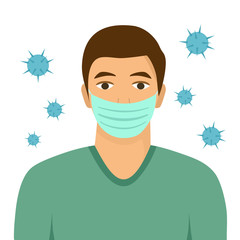 A man wearing medical mask for respiratory disease protection include bacteria, virus or dust particles. Flat design vector illustration on white background.