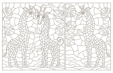 Fototapeta na wymiar Set of contour illustrations in stained glass style with giraffes on a background of sky and leaves, dark outlines on a white background