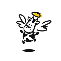 Happy cow. Funny smiling character illustration. Milk symbol set. Cheerful dancing cow with flower