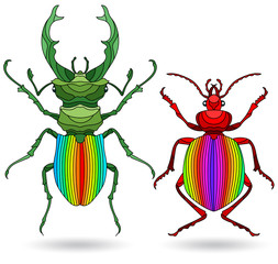 A set of illustrations in the style of stained glass with a bright beetles, isolated on a white background
