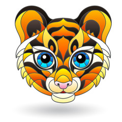 Fototapeta premium Illustration with stained glass element with animal face, cute tiger, isolated on white background