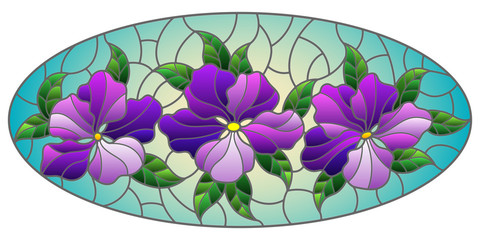 llustration in stained glass style with flowers, leaves and buds of purple flowers on a blue background, oval omage