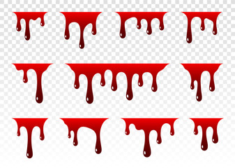 Dripping blood. Paint dripping. Dripping liquid. Paint flows. Current paint, stains. Current drops. Current inks. Vector illustration. Color easy to edit. Transparent background.