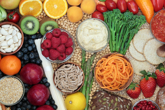 Low glycemic food for a healthy diabetic diet with foods high in vitamins, minerals, anthocyanins, antioxidants and smart carbs. Below 55 on the GI index. Top view.