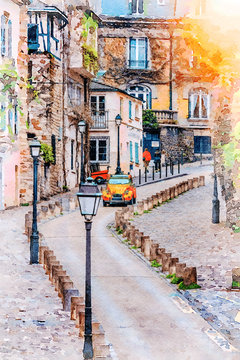 Beautiful Digital Watercolor Painting of the Montmartre Streets in Paris, France.	