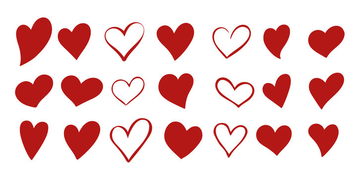 Set of 21 different simple red hearts isolated on white for Valentines day card or t-shirt design. Hand drawn style. Vector illustration.