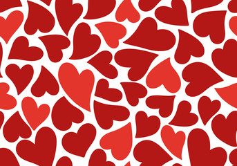 Seamless pattern of simple red hearts isolated on white for wrapping paper or fabric. Hand drawn style. Vector illustration. - obrazy, fototapety, plakaty