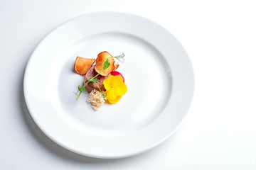 Set Food Menu On A White Plate. Top view steak on white dish perfect serve