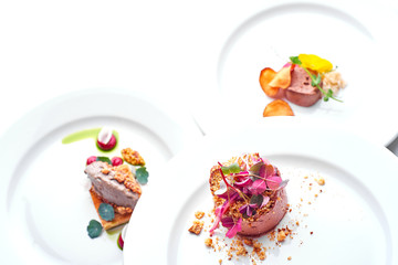 Set Food Menu On A White Plate. Top view of light dish perfect served. Meat pate on a plate