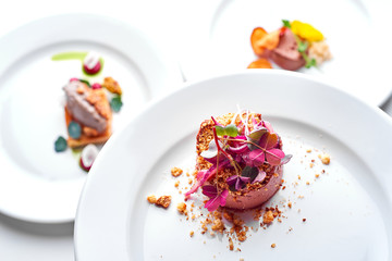 Set Food Menu On A White Plate. Top view of light dish perfect served. Meat pate on a plate