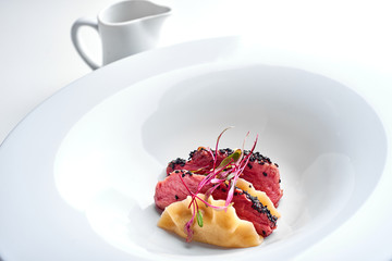 Set Food Menu On A White Plate. Top view of light dish perfect served.. Dumplings